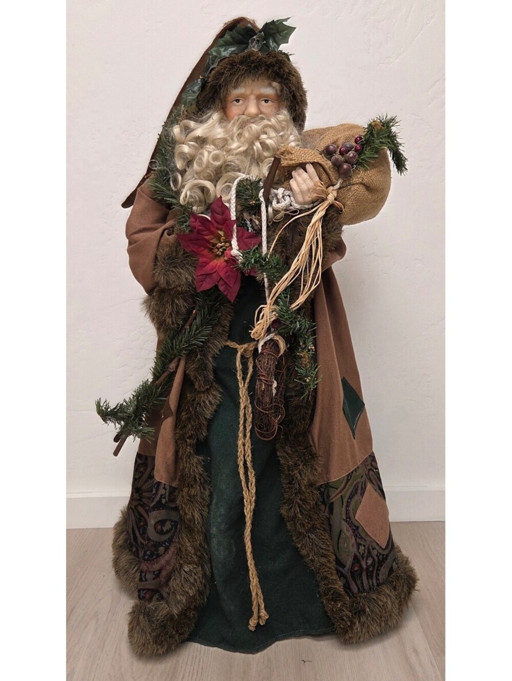 Large Rustic Santa Claus Figure 32” Woodland Christmas Decor Burlap Sack Fur Tri